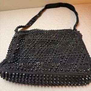 Vintage Black Beaded Fabric Handbag Made in Hong Kong